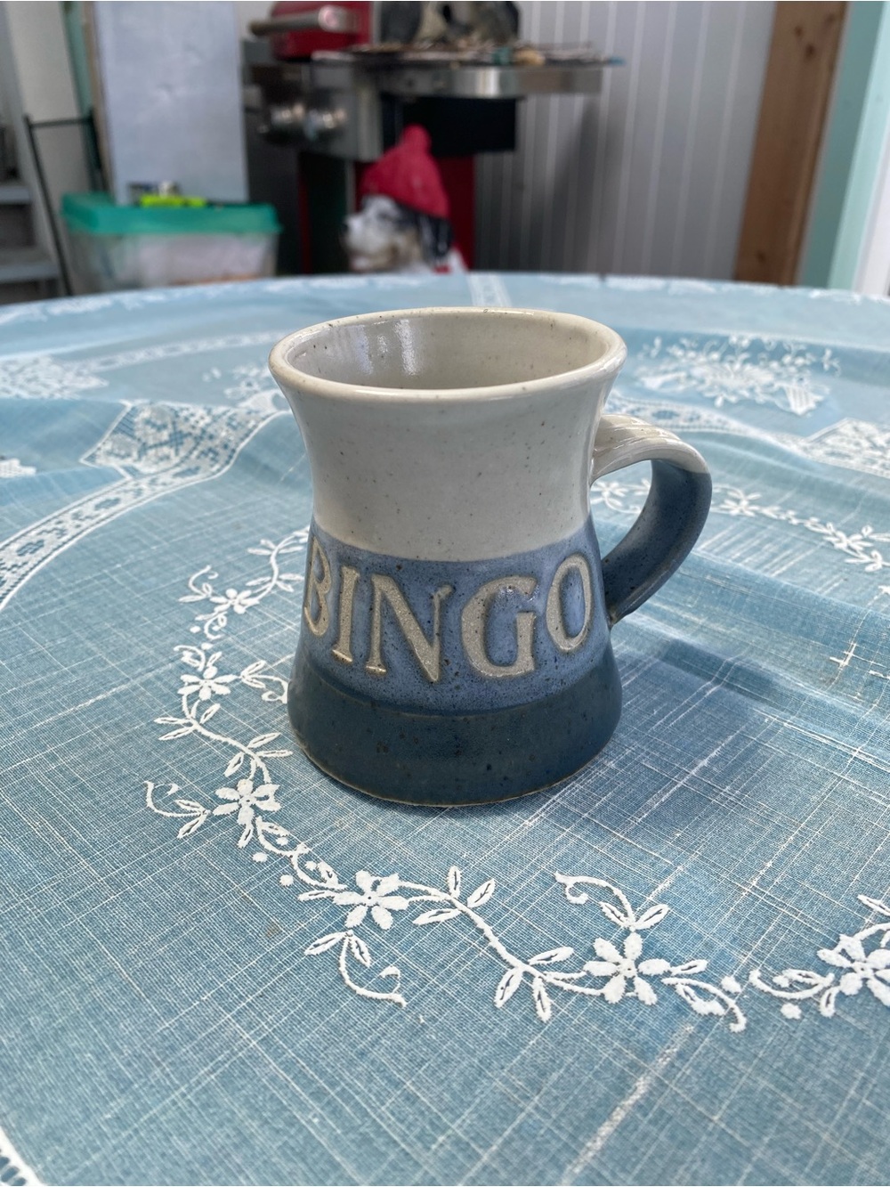Bingo Handmade Blue and Cream Clay Mug New